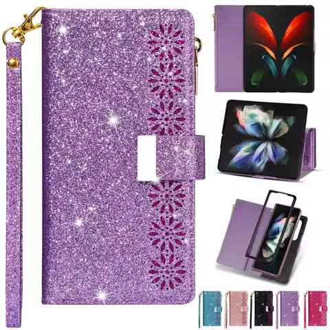 Wallte Laser Glitter Flip Leather Case For Samsung Galaxy Z Fold5 Z Fold4 Z Fold3 5G Multi-card Zipp