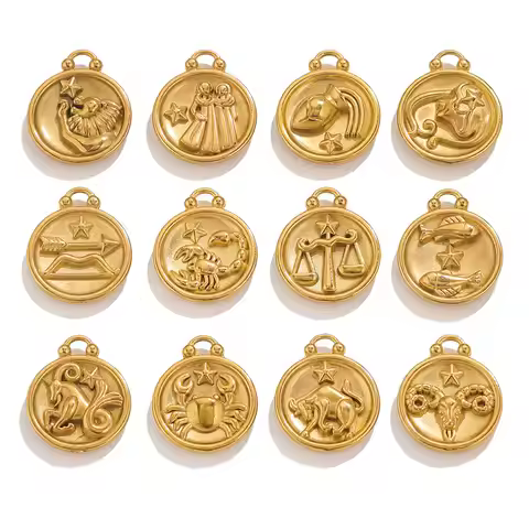 5Pcs Stainless Steel Fine Zodiac PVD18K Gold Pendant DIY Necklace Jewelry Accessories Aries Libra Ca