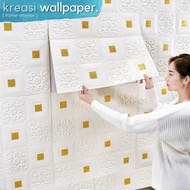 Ready Wallpaper Dinding 3D Foam Batik Klasik Putih Sticker Plafon |