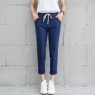 Hanasa New Women Casual Plus Size Long Trousers Solid Elastic Waist Cotton Linen Pants Ankle Length Haren Pants