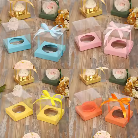 12pcs Macaron Colored Transparent Cupcake Packaging Box Egg Tart Box Baked Dessert Box Gift Bag Birt
