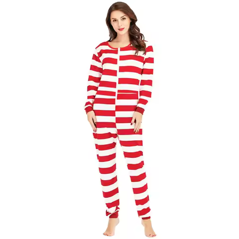 Autumn Onesie Bodysuit Red White Striped Print Pajamas Women One-Piece Pajama Sleepwear Cosplay Cost