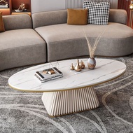 Waterproof Rock Slab Oval Tea Table Fluted Tapered Base Gold Edging Minimalist Household Coffee Tabl