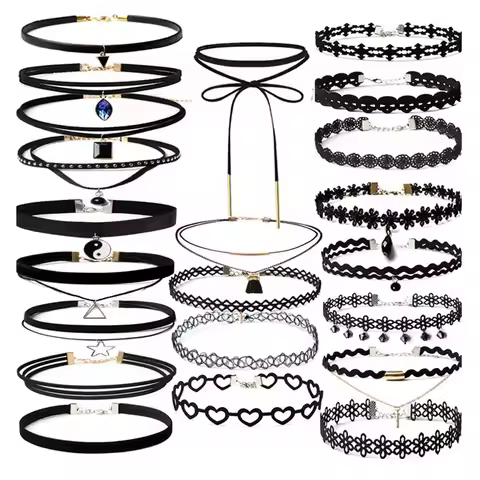 WKOUD 16Style Set Choker Set Black Chokers Necklaces Women Velvet Choker Necklaces Girls Classic Cho