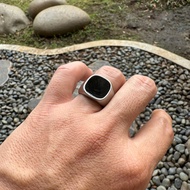 Cincin Kotak Semi Bulat Batu Hitam Stainless Premium 16mm - Statement Ring Titanium Steel Import Bla
