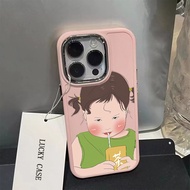 Fun Little Cute Girl  Drink Tea Pattern Phone Case Compatible for IPhone 15 14 13 12 11 Pro Max Xr X Xs Max 7 8 SE 2020 Metal Lens Protector Shockproof Soft Silicone Back Cover
