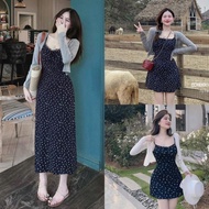 FL60- (With jacket) 2-strap floral dress with loose form and thin plain woolJacket