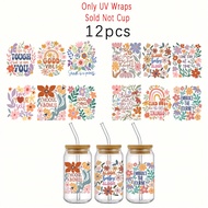 Set Of 12 Inspirational Boho Floral Vinyl Transfer Stickers For 16Oz Glass Can - Motivational Quotes