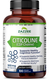 Zazzee Extra Strength Citicoline, 500 mg per Serving, 100 Vegan Capsules, Superior CDP Choline Form,