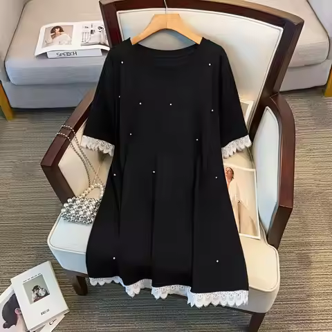 170Kg Plus Size Women's Bust 170 Summer Loose Lace Nail Bead Short Sleeved T-Shirt Dress Black 4XL 5