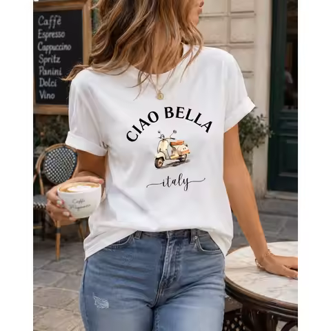 CIAO BELLA Women's Italian Motorcycle Print T-Shirt Italian Scooter Short Sleeve Blouse Top Round Ne