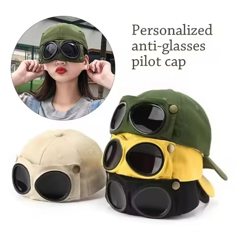 Vintage Pilot Baseball Cap With Detachable Goggles Aviator Sunglasses Hat Adjustable Snapback Casual