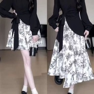 [Ready Stock] Autumn New Chinese Style Chinese Style Ink Flower Stitching Long-Sleeved Dress Slimmer