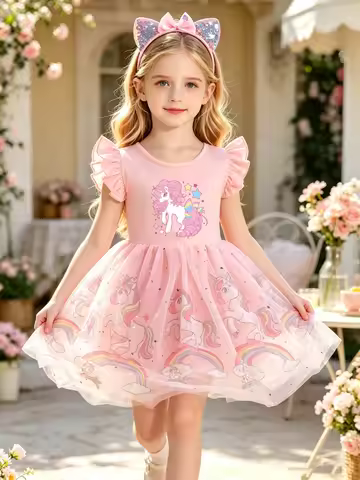 Little Girls' Star & Pony Short-Sleeve Fairy Dress, Kids Summer Tulle Tutu Dress with Rainbow Cloud 