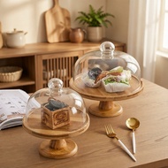 Wooden Cake Stand with Glass Cover Cupcake Stand Dessert Plate Food Display Stand Wood Birthday Wedd