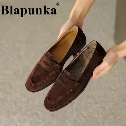 Blapunka Kid Suede Penny Loafers Women Handmade Autumn Winter Casual Shoes Ladies Leisure Slip-on Cr
