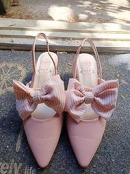 買一送二 小腳女孩二手鞋 粉紅色蝴蝶結尖頭鞋35號22.5號 高跟涼鞋 尖頭高跟鞋 grace gift 原味鞋櫃系列