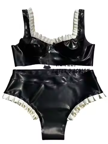 Women's Latex Wireless Bra and Panty Set with Ruffle Trim.