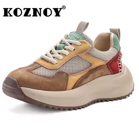 Koznoy 4cm Air Mesh Suede Cow Genuine Leather Rubber Native Shoes Women Vulcanize Soft Soled Flats L