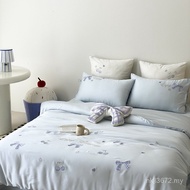 1.2 Silk Summer Embroidered Cherry Saipin Quilt Cover Breathable Four-Piece Girl Bow Bed Blue White 