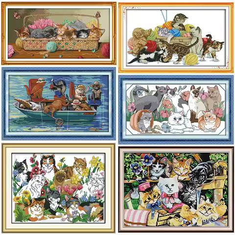 Cats Stamped Cross Stitch Kits Joy Sunday Cohesion Printed 11CT 14CT Counted Cross-stitch Kit Handma