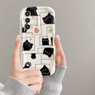 1pc Square Black Cat Patchwork Cream Texture Soft Shell Anti-Fall Cream Shell Asymmetric Shape Phone