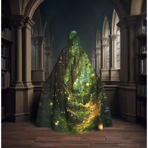 Glowing Emerald Magical Enchanted Forest Viking Goddess Long Hooded Cloak Witch Medieval Costume Cos