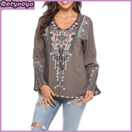Boho Style Women Shirt with Embroidery Flower Pattern Flared Long Sleeve V-Neck Pullover Tops Casual