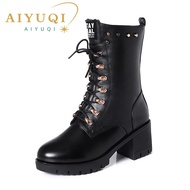 AIYUQI Women Boots Winter Mid-calf Boots Studded Women Martin Boots Genuine Leather Large Size 43 Wool Warm Motorcycle Boots