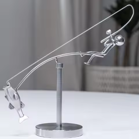Handmade Kinetic Fishing Sculpture Desk Ornament Metal The Fisherman Balancing Sculpture Gift Kineti