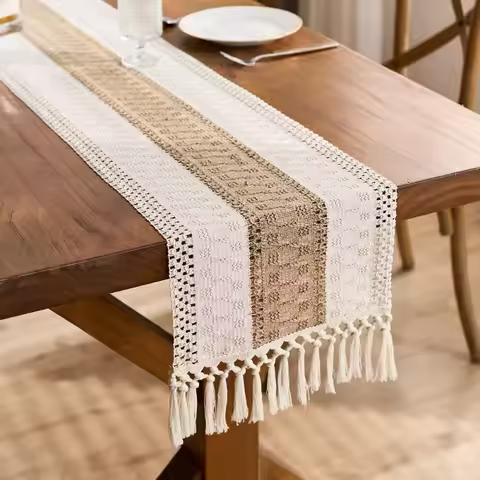 11.8*118in Boho Table Runner for Home Decor Macrame Cream Brown Farmhouse Table Runner with Tassels