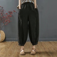 【มีไซส์ใหญ่】Plus Size M-4XL Womens Cotton&amp;Linen Lantern 7/10 Pants Solid Color Harem Summer Pants with Big Pockets