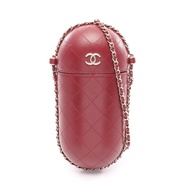 【二手】香奈兒 (Chanel) 女士單肩包，絎縫眼鏡盒，酒RED皮革，絎縫鏈條眼鏡盒。