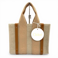 成色極佳 ◇ Chloe CHC23AS397L17 Woody 小號托特包 皮革亞麻兩用手提包 米色 附防塵袋 女士