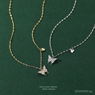 s925Fashion Jewelry Full Diamond Butterfly Niche Women's Double Necklace Collarbone Chain Light Luxu