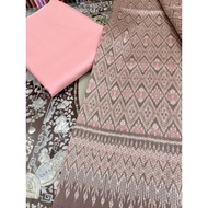 (Fabric Set) Silk Fabric With Glass Beads Natural Color (2 Meter Patterned + 2 Plain Color) Pink Sha