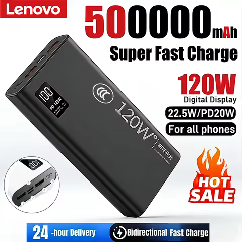 Lenovo 500000mAh Large Capacity Powerbank 120W SuperFast Charge LED PowerBank Portable Battery Charg
