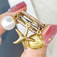 Ocean Style Stacking Rings Set With Starfish Shell Imitation Pearl Charms Stainless Steel Spinelli R