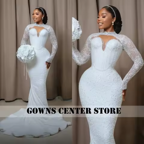 Elegant High Collar Long Sleeve Mermaid Wedding Dress Sparkling Water Diamond Phantom Hollow Bride D