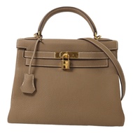 HERMES Togo皮革Kelly 28金扣手挽肩背兩用袋Etoupe