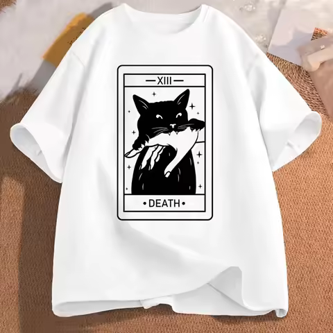Tarot Death Witchy Cat Women Funny Tarot Card Tshirt Cat Mom Tee Shirt Crazy Lovers Cat Lady Harajuk