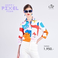 GSP เสื้อปกเชิ้ต พิมพ์ลาย Happy Pixel-Fish แขนสี่ส่วน กระดุมผ่าหน้า ทรงพอดีตัว (PAF8WH)