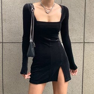 Ka5 Exposed Collarbone Square Collar Dress - Women's Sexy Slim Waist Split A-Line Short Skirt