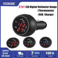 Top quality👍3 in 1 12/24V Car LED Digital Voltmeter Gauge+Thermometer+USB Charger