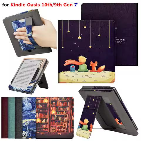 For Kindle Oasis 10th 9th Gen Case 7 inch with Hand Strap Stand Holder Card Slot PU Leather Cover S8