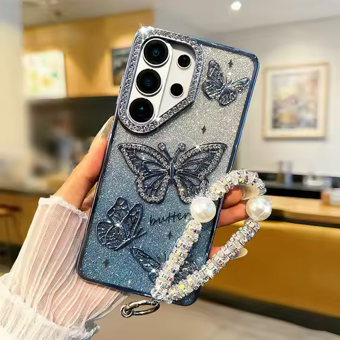 Glitter 3D Butterfly Phone Case For Samsung Galaxy S26 S25 S24 Ultra Plus FE 5G A16 Pearl Crystal Wr