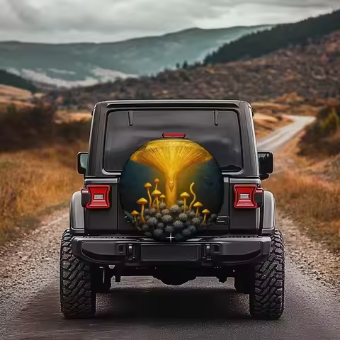 Mystical Golden Mushroom Spare Tire Cover Waterproof Polyester For RV SUV Truck
