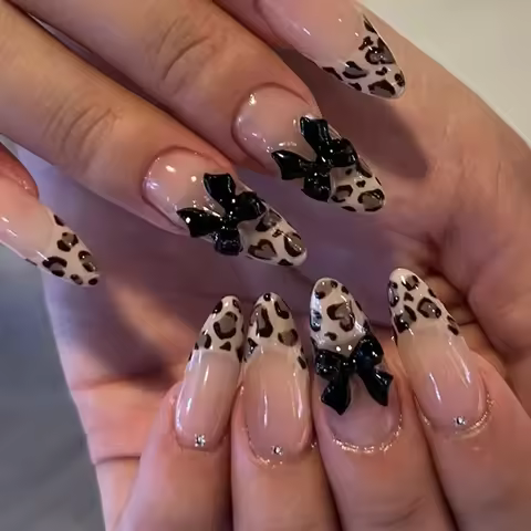 10pcs-XS/S/M French Almond Press on Nails Leopard Print False Nails 3D Bow Wearable Stick-on Nails F