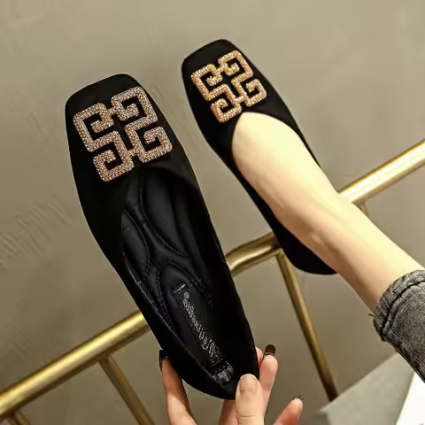 Flat Shoes for Women's Spring New Square Toe Versatile Shallow Cut Low Heel Women's Shoes Loafers Wo