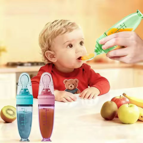 Baby Feeding Silicone Bottle with Spoon, 90ml Food Dispensing Spoon, Food Squeeze Spoon, Suitable fo